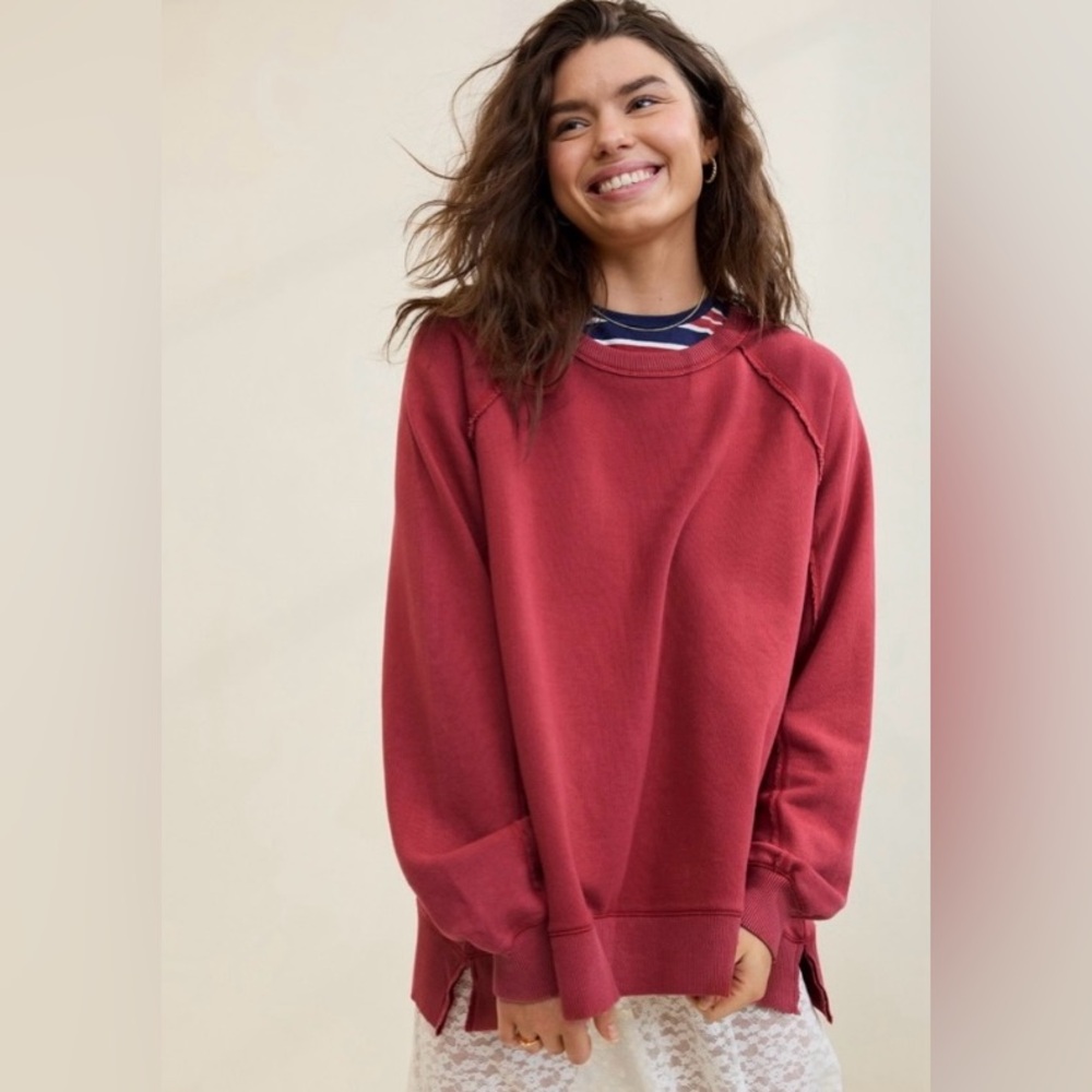 Aerie Muted Red East West Oversized Cotton Blend Crewneck Sweatshirt